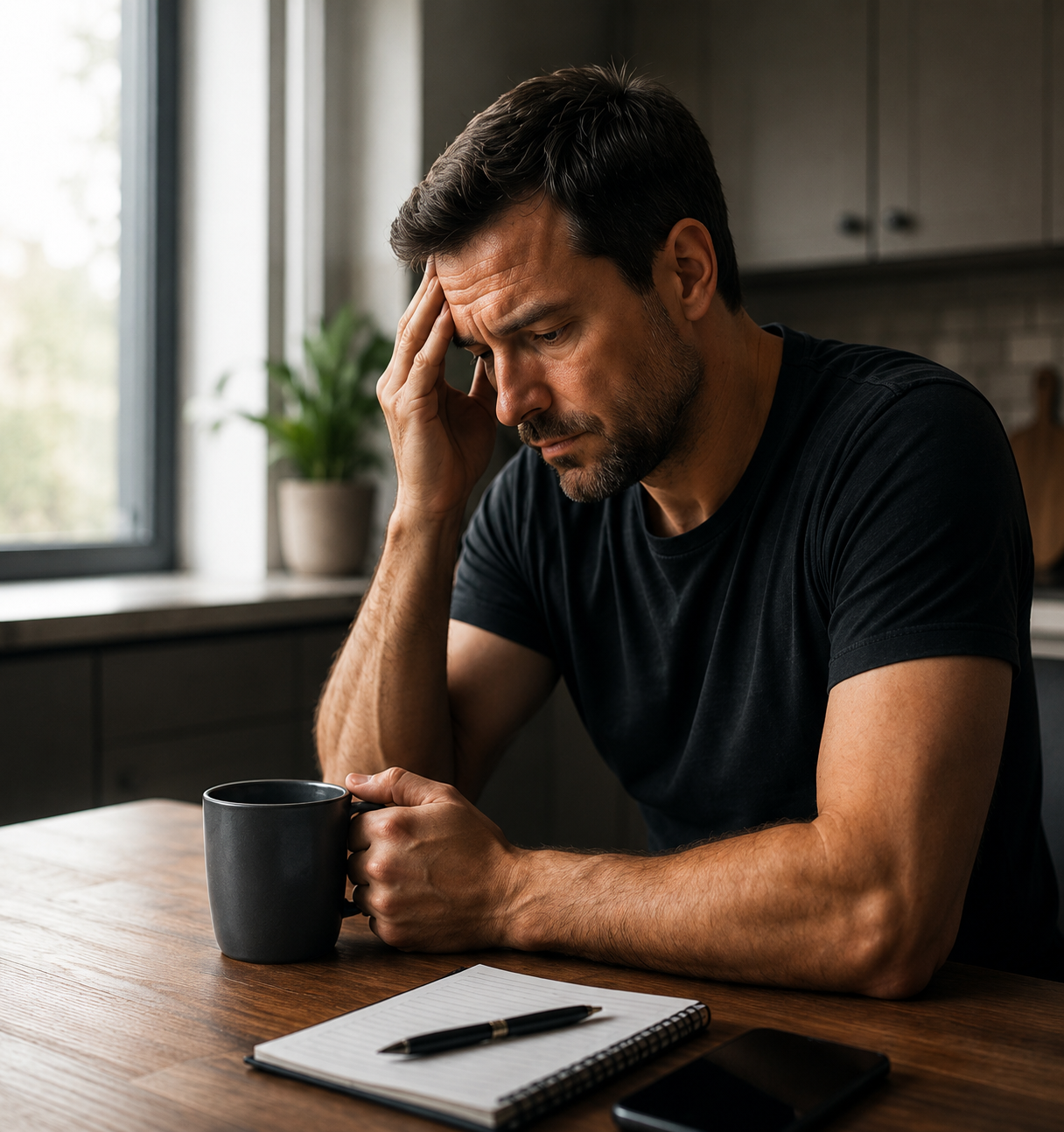 Man sitting at kitchen table looking tired