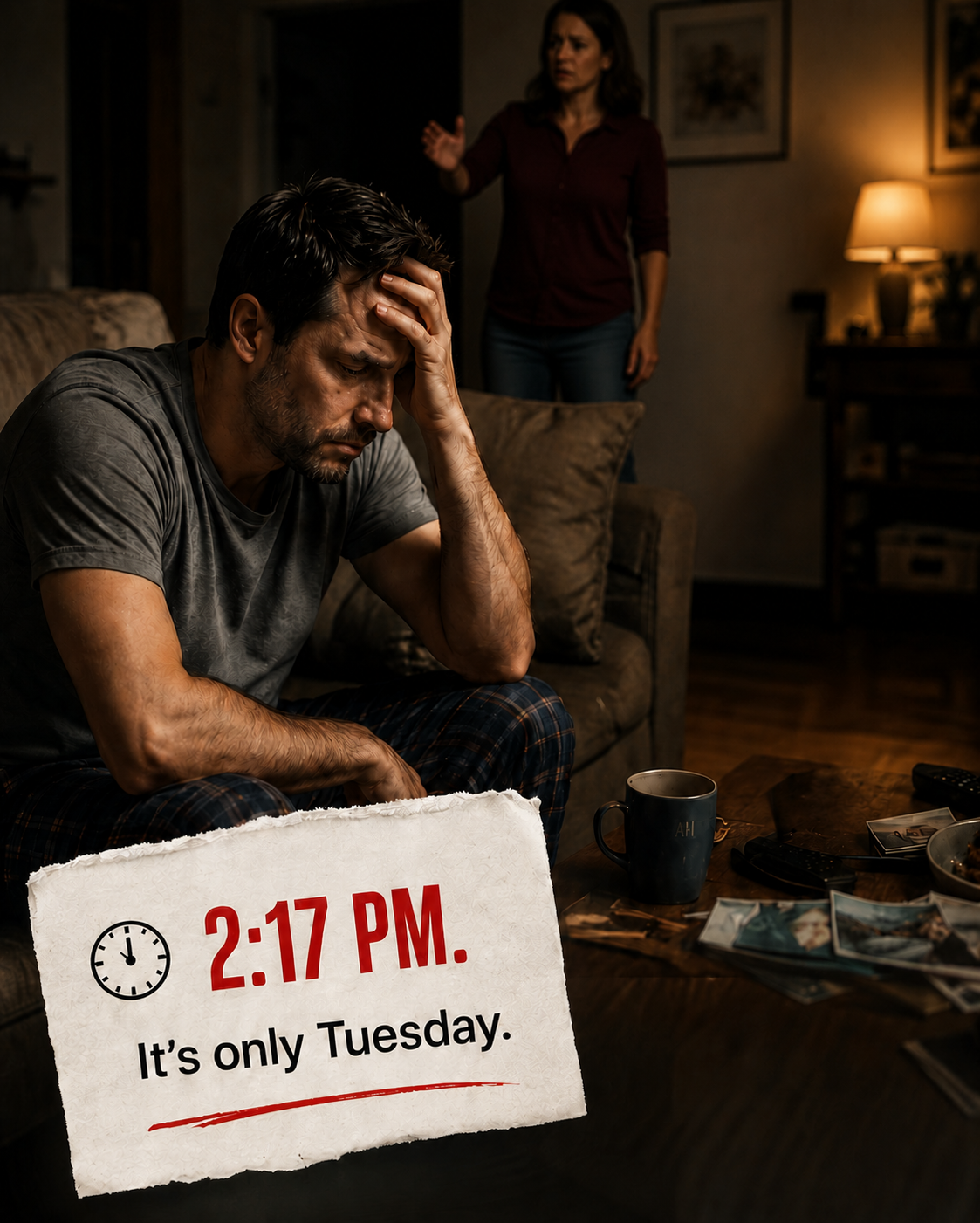 Man exhausted at home, family in background